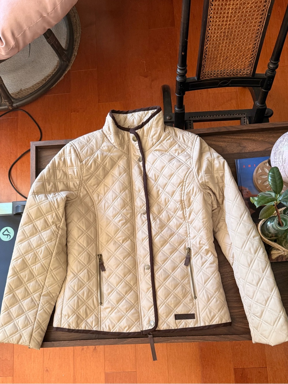Bass Cream Quilted Puffer Jacket with Brown Trim